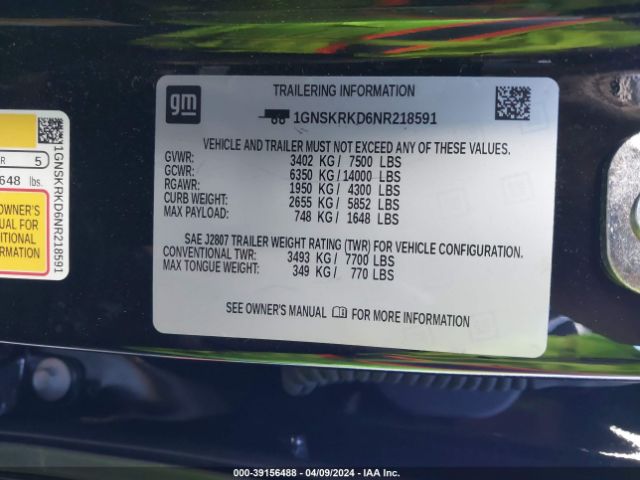 1GNSKRKD6NR218591 Chevrolet Tahoe 4wd Rst