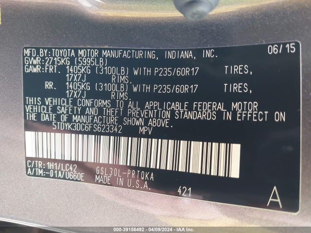 Toyota Sienna Xle 8 Passenger 2015 5TDYK3DC6FS623342 Image 9
