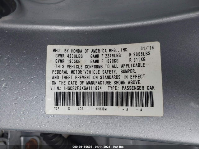 Honda ACCORD LX 2016 1HGCR2F3XGA111824 Image 9