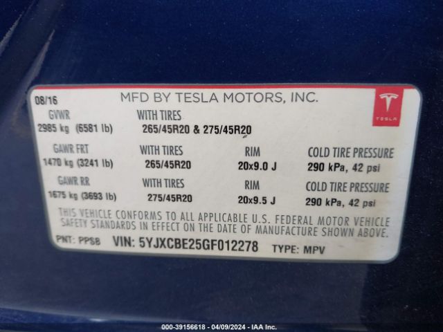 5YJXCBE25GF012278 Tesla Model X 60d/70d/75d/90d/p100d