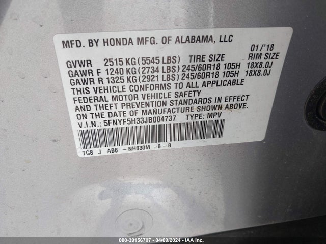 Honda Pilot Ex 2018 5FNYF5H33JB004737 Image 9