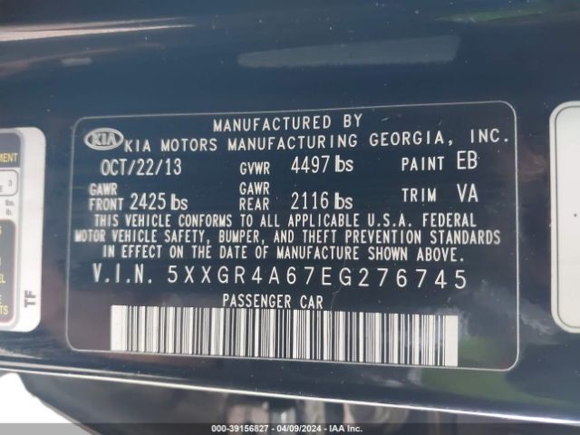 5XXGR4A67EG276745 KIA Optima Sxl Turbo