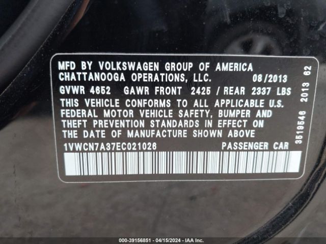 1VWCN7A37EC021026 Volkswagen Passat 2.0l Tdi Sel Premium