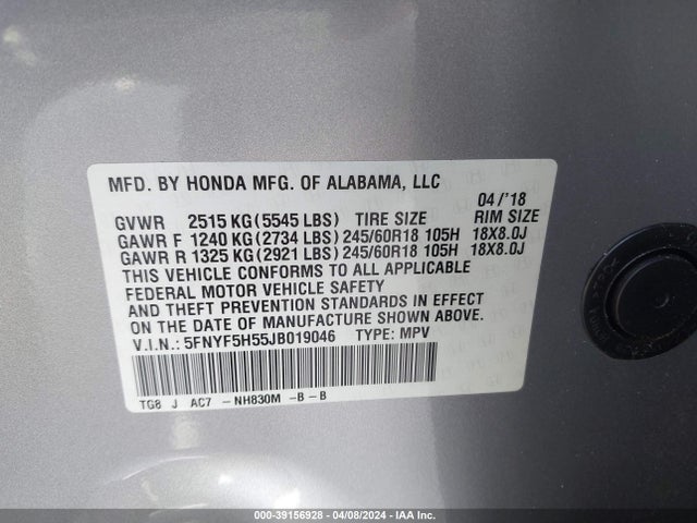 Honda Pilot Ex-l 2018 5FNYF5H55JB019046 Image 9
