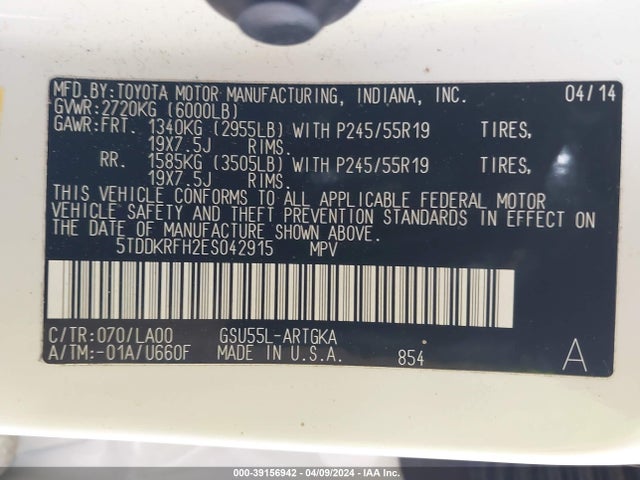 Toyota Highlander Limited V6 2014 5TDDKRFH2ES042915 Image 9