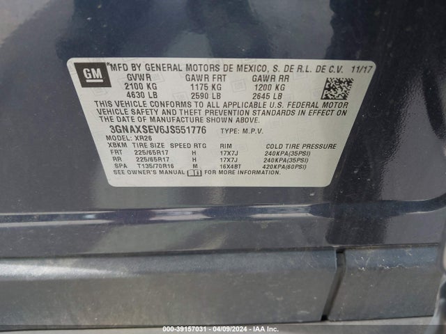 Chevrolet EQUINOX LT 2018 3GNAXSEV6JS551776 Image 9