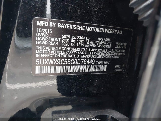 BMW X3 Xdrive28i 2016 5UXWX9C58G0D78449 Image 9