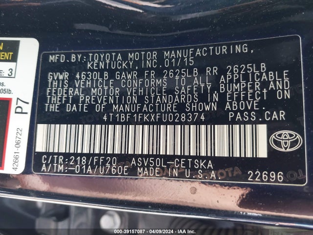 Toyota CAMRY SE 2015 4T1BF1FKXFU028374 Image 9