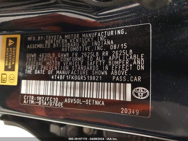 Toyota CAMRY LE 2016 4T4BF1FK0GR519821 Image 9
