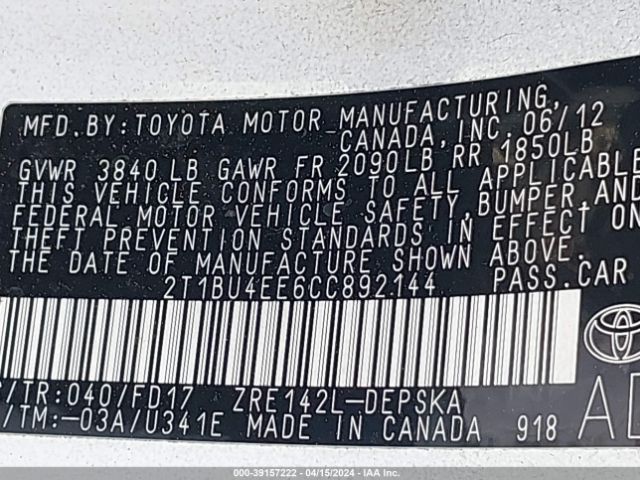 2012 TOYOTA COROLLA 2T1BU4EE6CC892144 Photo 8