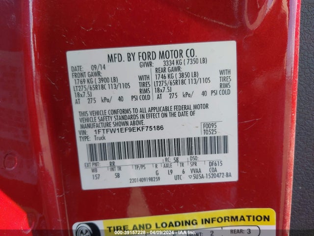 Ford F-150 Fx4 2014 1FTFW1EF9EKF75186 Image 9