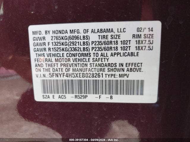 Honda Pilot Ex-l 2014 5FNYF4H5XEB028261 Image 9