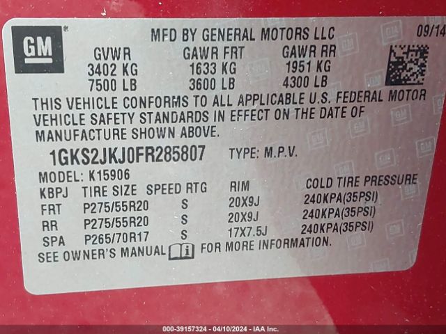 1GKS2JKJ0FR285807 GMC Yukon Xl 1500 Denali