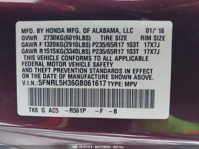Honda ODYSSEY SE 2016 5FNRL5H36GB061617 Image 9