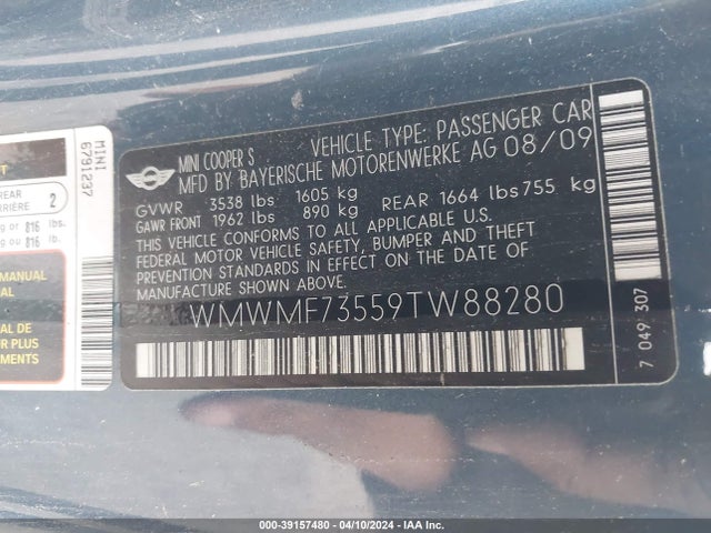 2009 MINI COOPER S WMWMF73559TW88280 Photo 8