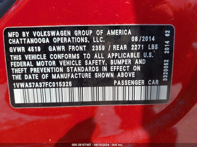 Volkswagen Passat 1.8t Wolfsburg Edition 2015 1VWAS7A37FC015325 Image 9