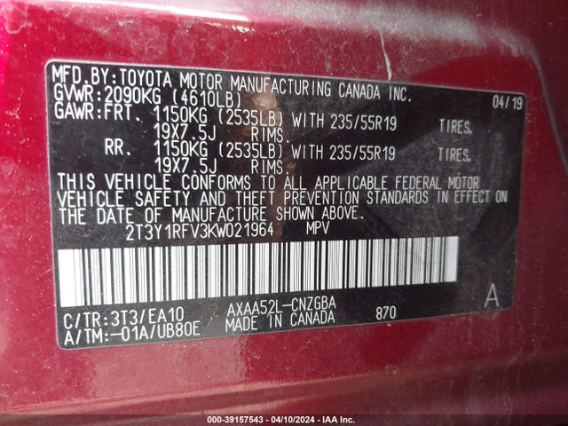 Toyota Rav4 Limited 2019 2T3Y1RFV3KW021964 Image 9