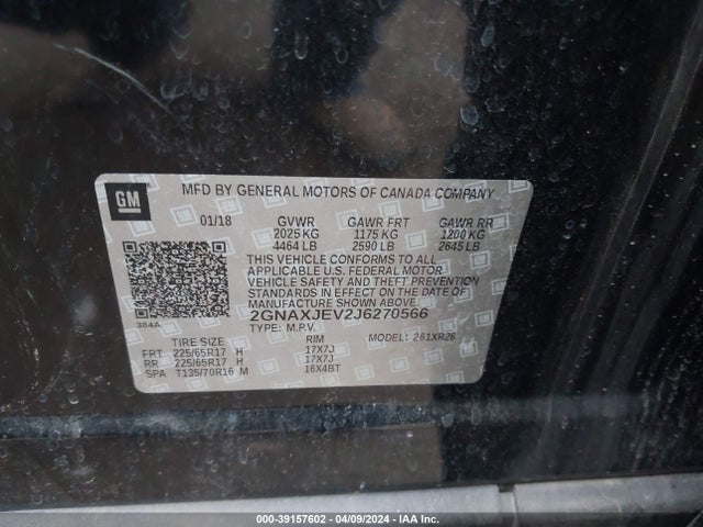 Chevrolet EQUINOX LT 2018 2GNAXJEV2J6270566 Image 9