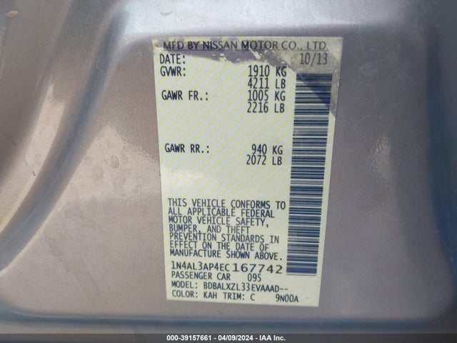 Nissan Altima 2.5 Sl 2014 1N4AL3AP4EC167742 Image 9