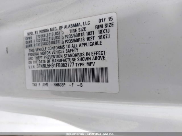 5FNRL5H91FB063777 Honda Odyssey Touring/touring Elite
