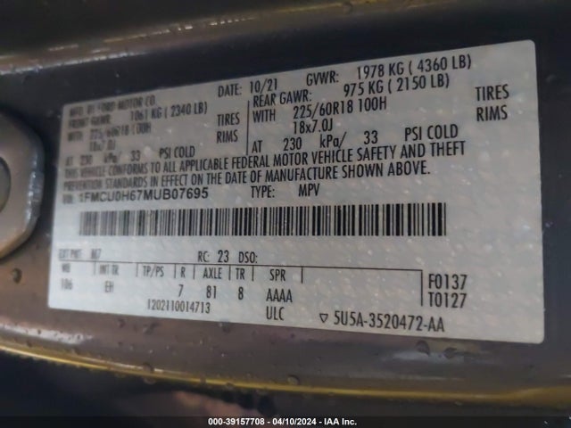 Ford ESCAPE SEL 2021 1FMCU0H67MUB07695 Image 9