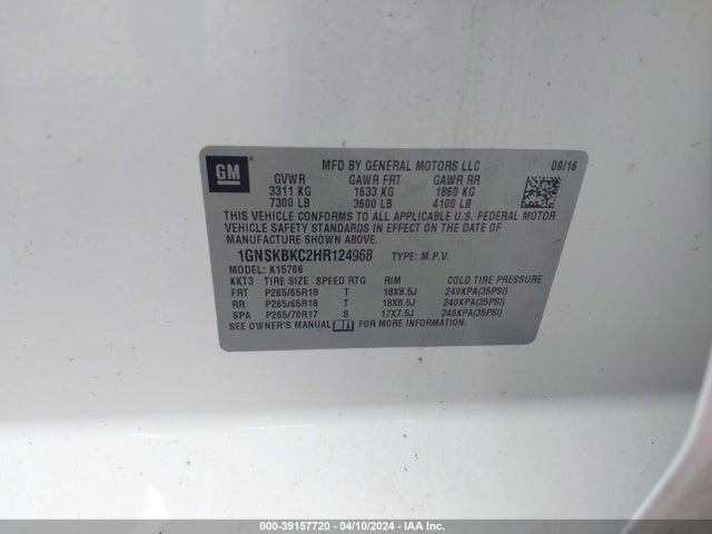 Chevrolet Tahoe Lt 2017 1GNSKBKC2HR124968 Image 9
