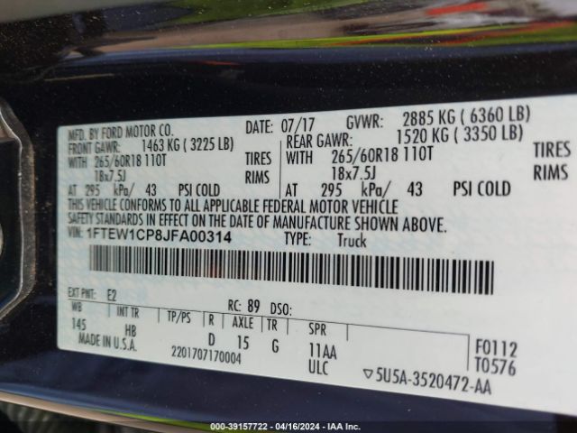 1FTEW1CP8JFA00314 Ford F-150 Lariat