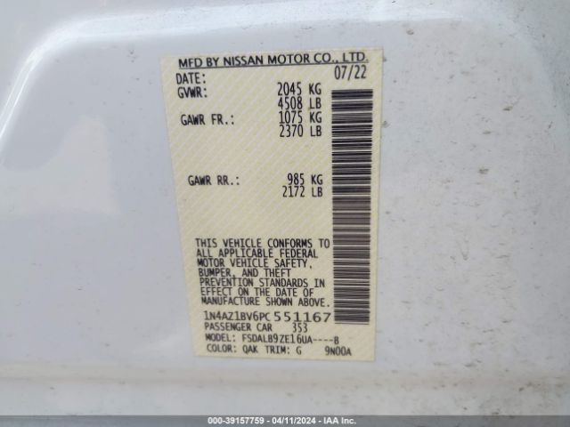 1N4AZ1BV6PC551167 Nissan Leaf S 40 Kwh