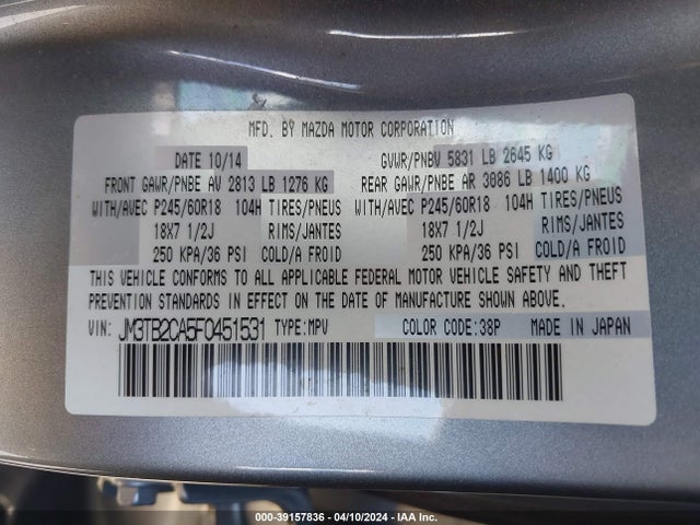 Aukcja sprzedaży 2015 Mazda Cx-9 Touring, vin: JM3TB2CA5F0451531, numer aukcji: 39157836