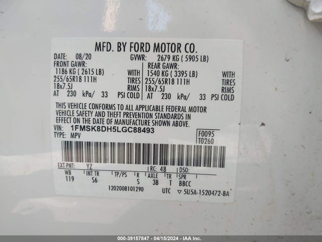 Ford EXPLORER XLT 2020 1FMSK8DH5LGC88493 Image 9