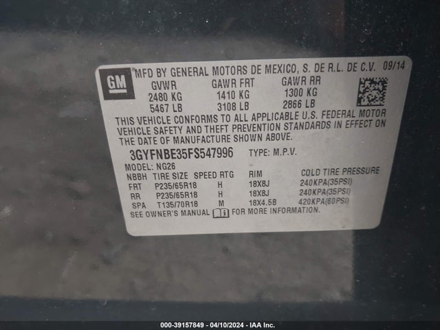 3GYFNBE35FS547996 Cadillac Srx Luxury Collection