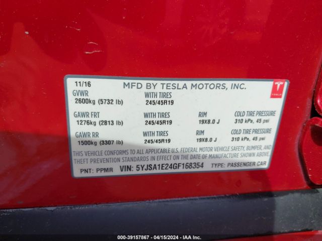 5YJSA1E24GF168354 Tesla Model S 60d/70d/75d/85d/90d