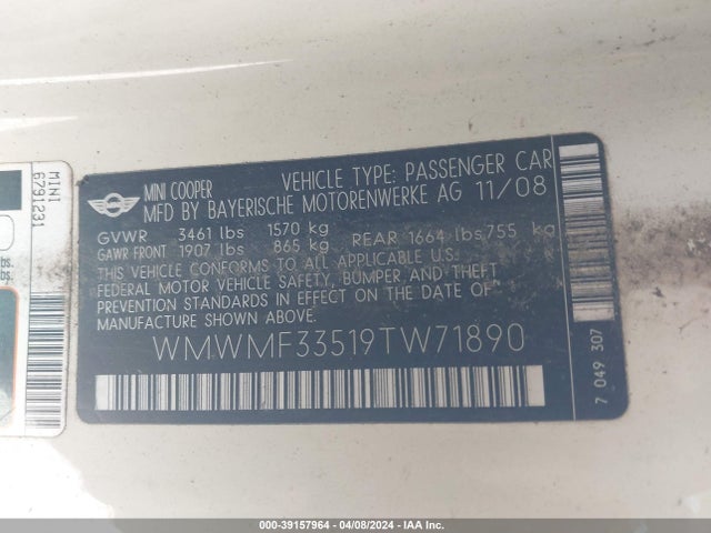 2009 MINI COOPER WMWMF33519TW71890 Photo 8