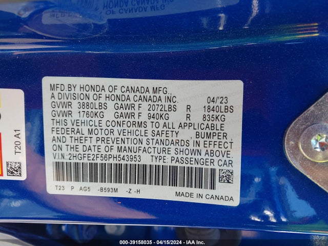 Honda Civic Sport 2023 2HGFE2F56PH543953 Image 9