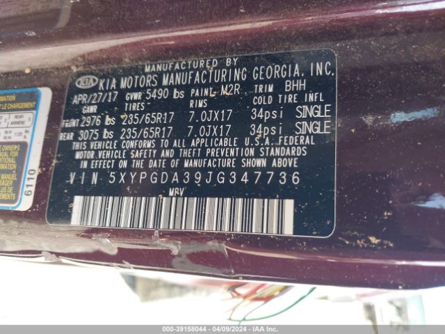 5XYPGDA39JG347736 KIA Sorento 2.4l Lx