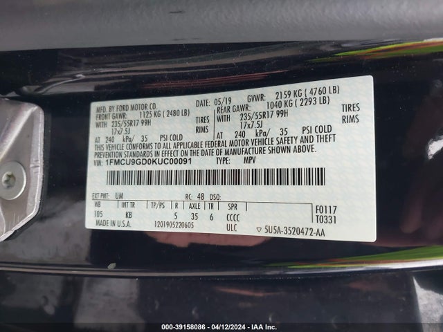 Ford ESCAPE SE 2019 1FMCU9GD0KUC00091 Image 9