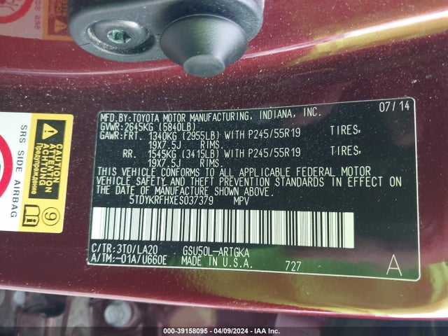Toyota Highlander Limited V6 2014 5TDYKRFHXES037379 Image 9