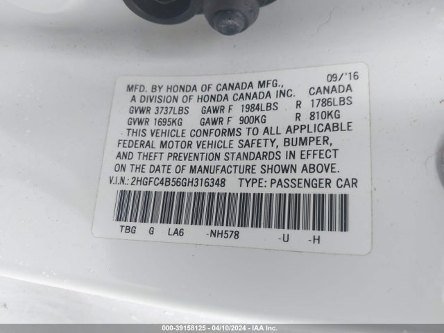 Honda Civic Lx 2016 2HGFC4B56GH316348 Image 9