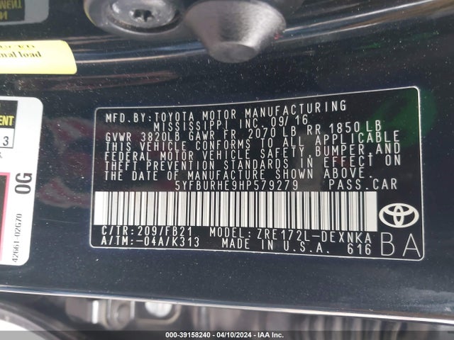 Toyota COROLLA LE 2017 5YFBURHE9HP579279 Image 9