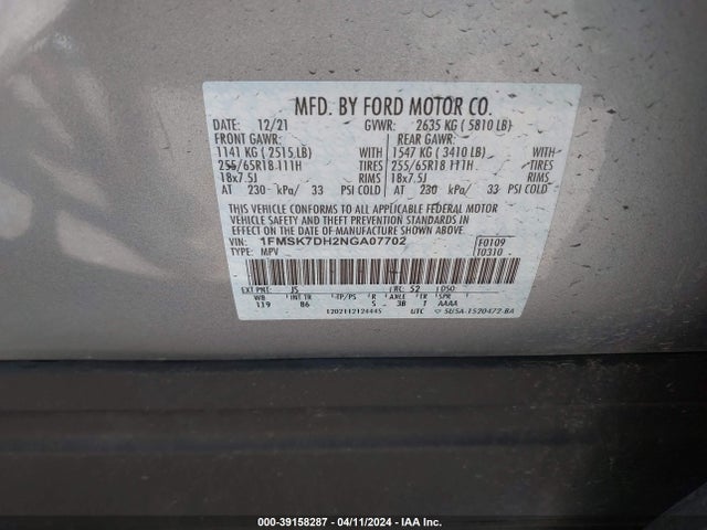 Ford EXPLORER XLT 2022 1FMSK7DH2NGA07702 Image 9