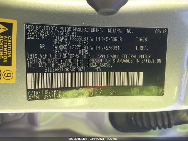 Toyota Highlander Le 2019 5TDZARFH1KS053974 Image 9
