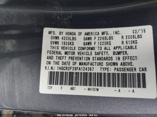 Honda ACCORD LX 2015 1HGCR2F39FA124367 Image 9