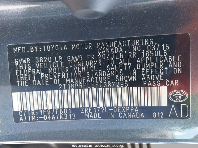 Toyota Corolla Le Eco Plus 2015 2T1BPRHE5FC387295 Image 9