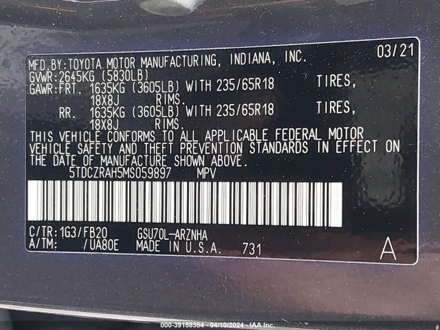 Toyota Highlander L 2021 5TDCZRAH5MS059897 Image 9