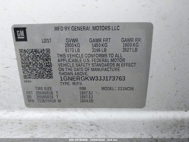 Chevrolet Traverse 1lt 2018 1GNERGKW3JJ173763 Image 9