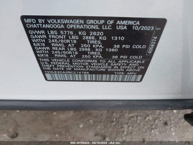1V2LE2CA2RC214786 Volkswagen Atlas Cross Sport 2.0t Se
