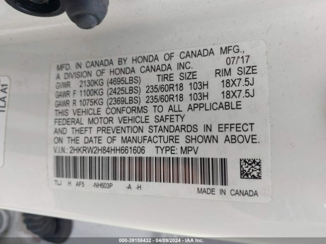 2HKRW2H84HH661606 Honda Cr-v Ex-l/ex-l Navi