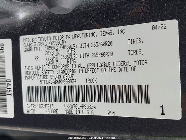 Toyota Tundra Sr5 2022 5TFLA5AB6NX008934 Image 9