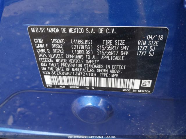 3CZRU6H71JM724109 Honda Hr-v Ex-l