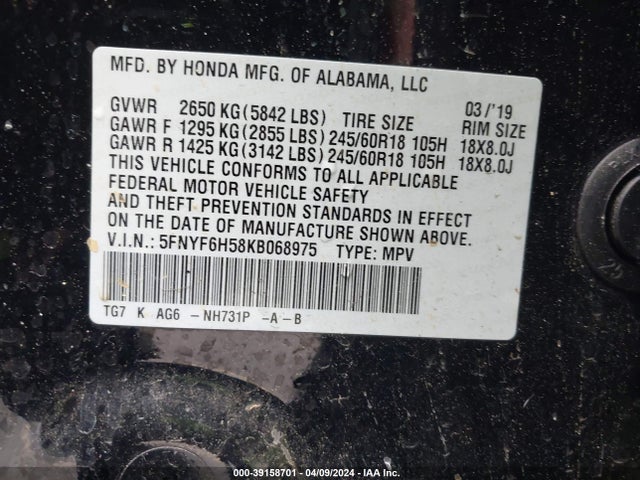Honda Pilot Ex-l 2019 5FNYF6H58KB068975 Image 9